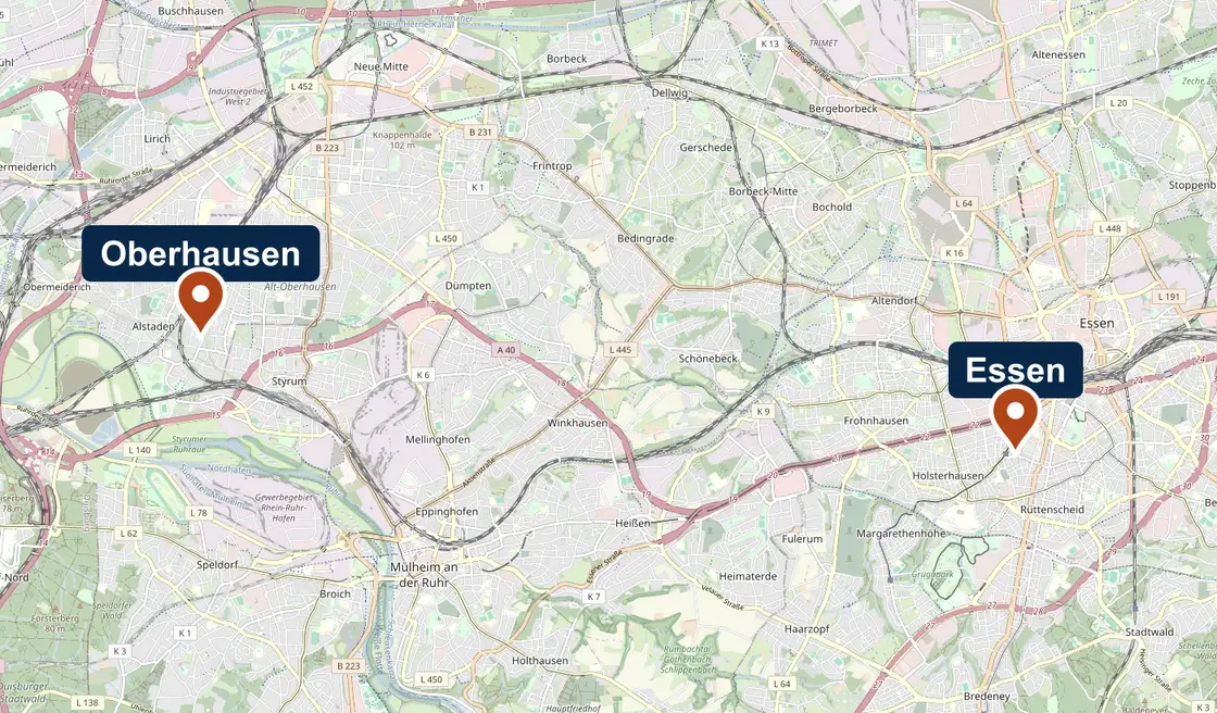 Karte mit den beiden Büros von Ruhr Casa: Hiberniastraße 88 in Oberhausen und Kahrstraße 69 in Essen, dazwischen Mülheim an der Ruhr